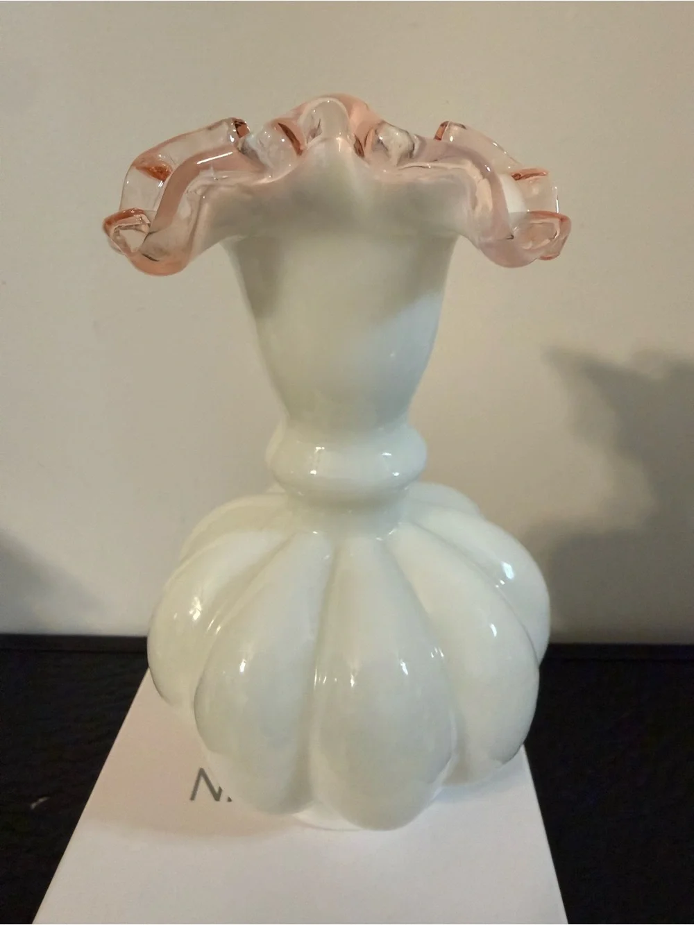 Siver crest Fenton White Milk Glass Vase Pink Interior Ruffled Edge